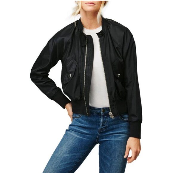 Free People Womens Black Ribbed Cuff Satin Full Zip Midnight Bomber Jacket S - Picture 1 of 10